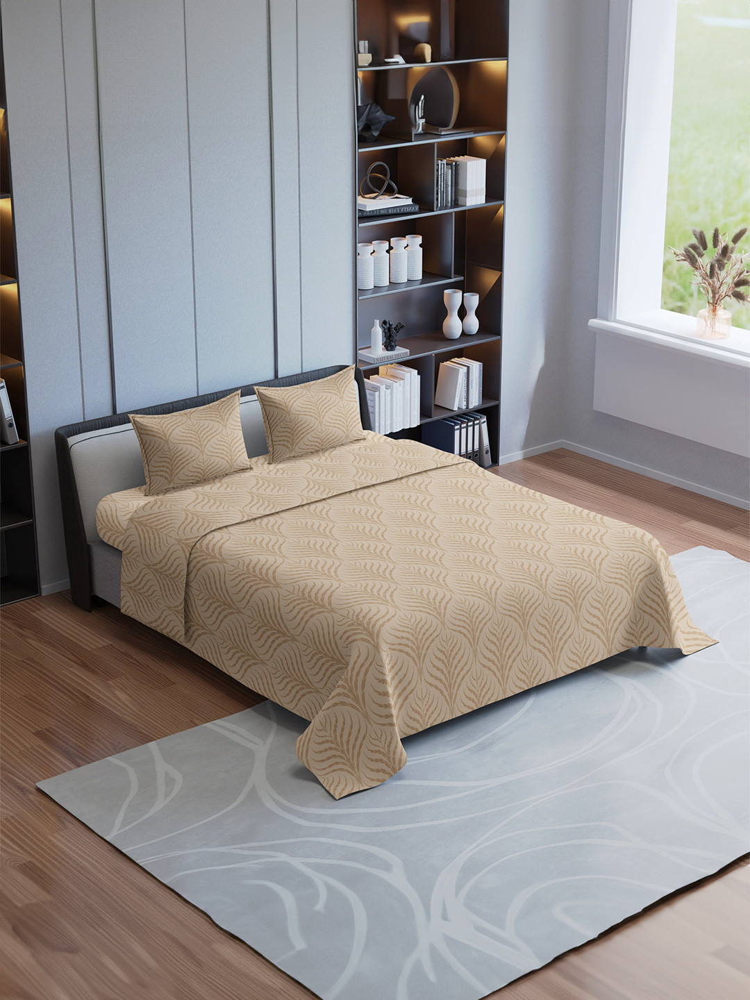 Synergized Cotton Jacquard Essence Brown Leaf Pure Cotton 300 TC King Fine Bedsheet with 2 Pillow Covers-108 x 108 inches