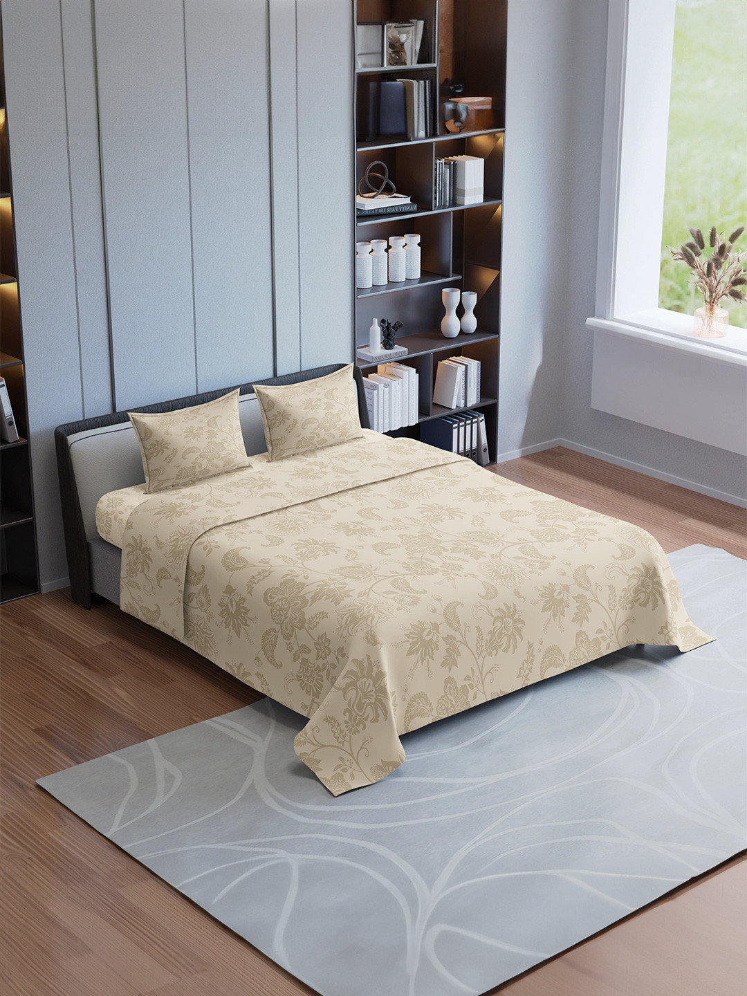 Synergized Cotton Jacquard Essence Beige Floral Cotton 300 TC King Superfine Bedsheet with 2 Pillow Covers-108 x 108 inches