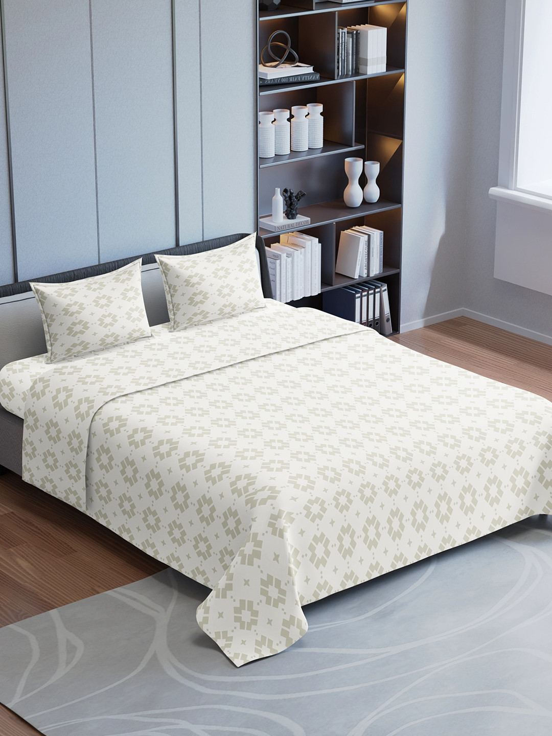 Synergized Cotton Beige Floral Cotton 300 TC King Fine Bedsheet with 2 Pillow Covers-108 x 108 inches