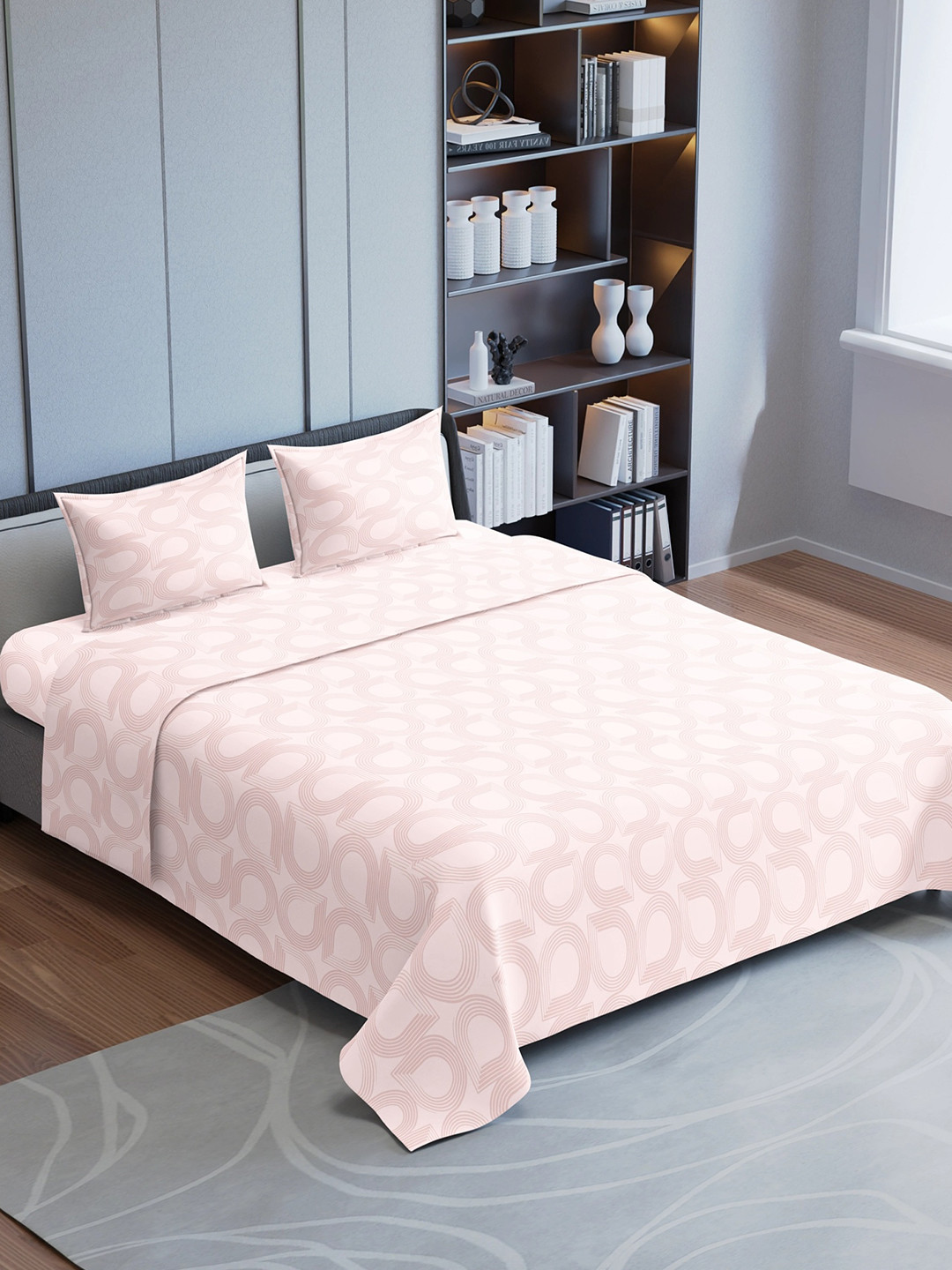 Synergized Cotton Pink Geometric Pure Cotton 300 TC King Fine Bedsheet with 2 Pillow Covers-108 x 108 inches