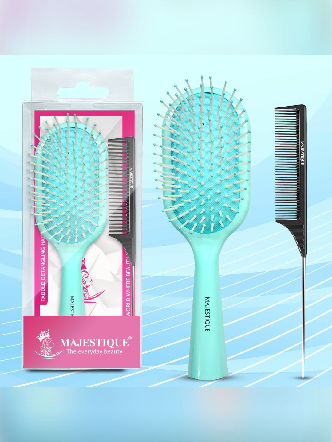 MAJESTIQUE Paddle Hair Brush & Tail Comb For Detangle Hair & Massage Scalp