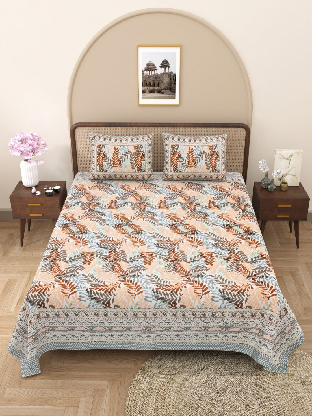 Wayne Martin Beige Leaf Pure Cotton 330 TC King Fine Bedsheet with 2 Pillow Covers-220 x 270 cm