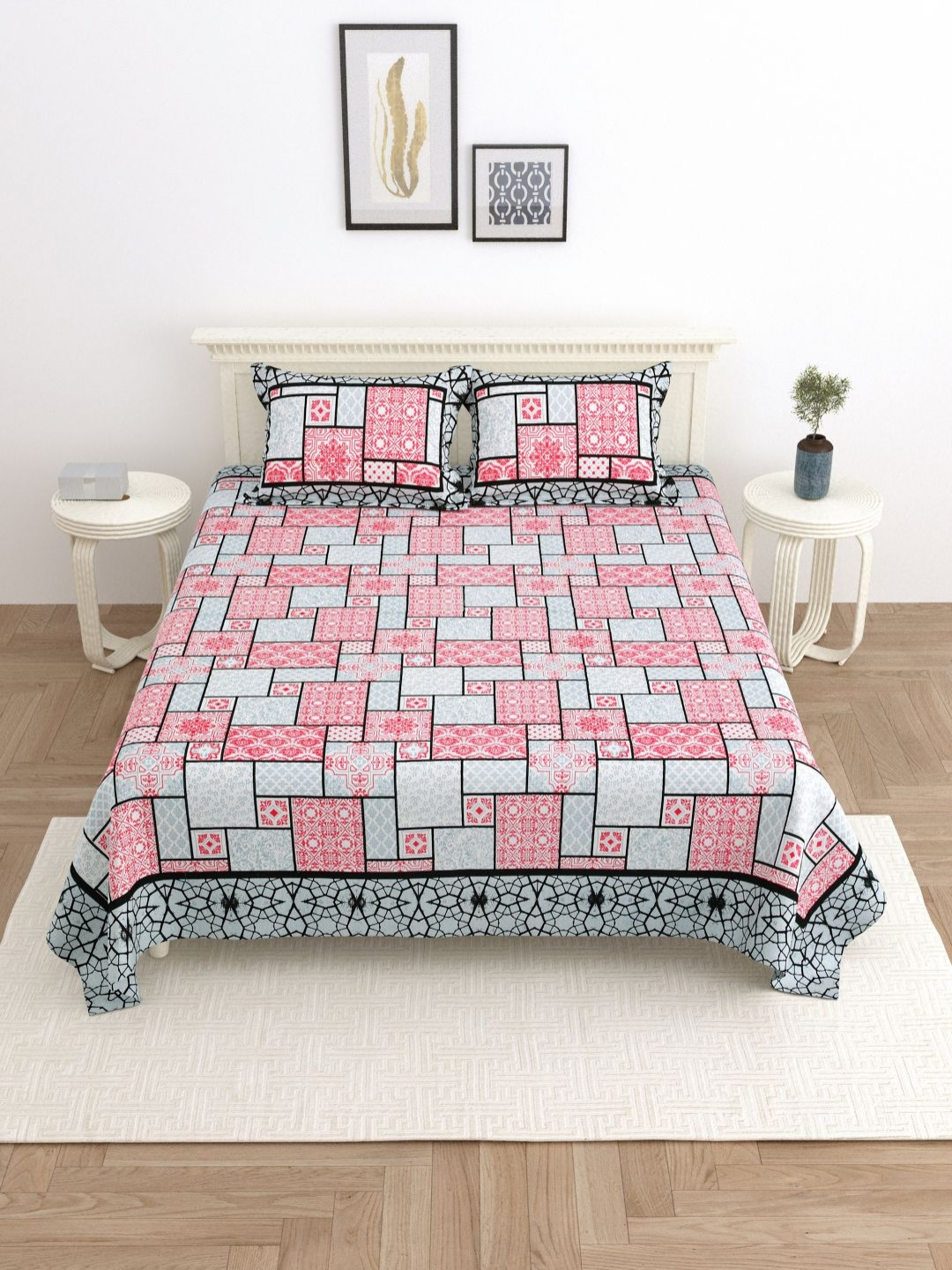 Wayne Martin Elena Black Ethnic Motifs Cotton 330 TC King Fine Bedsheet with 2 Pillow Covers-106 x 106 inches