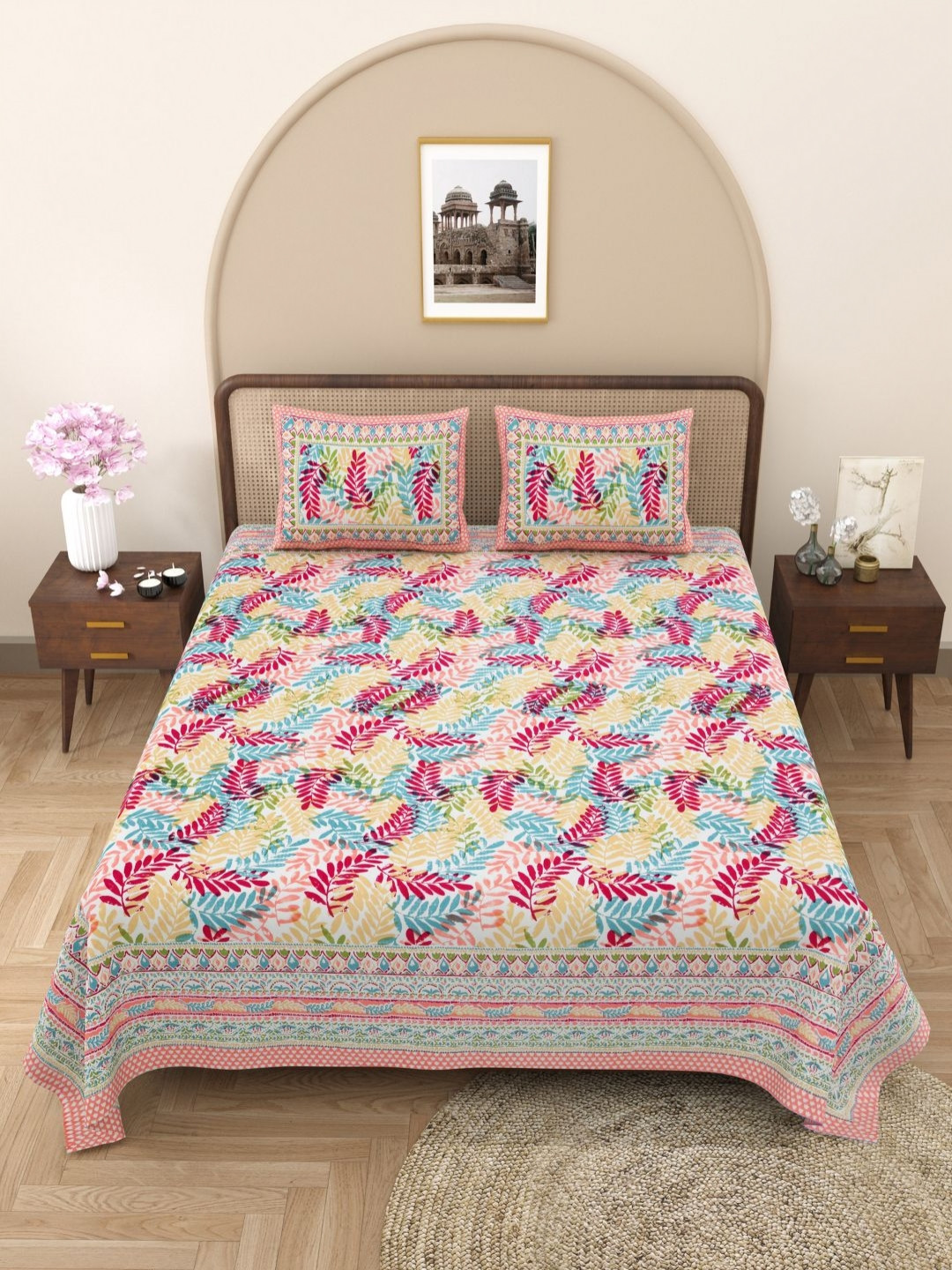 Wayne Martin Multicoloured Leaf Pure Cotton 330 TC King Fine Bedsheet with 2 Pillow Covers-87 x 106 inches