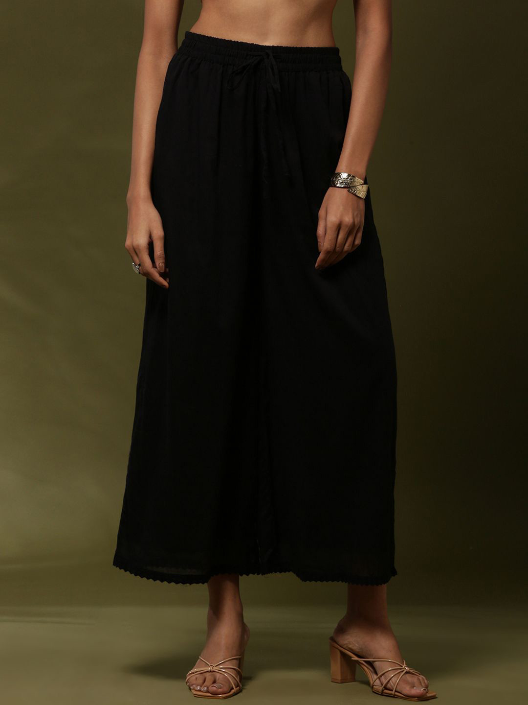 Abhishti Women Flared Cotton Parallel Trouser with lace hem-black