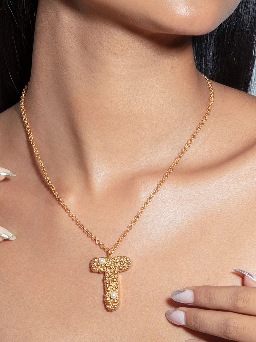 Ethnic Andaz Gold-Plated Beaded Letter T Pendant With Chain