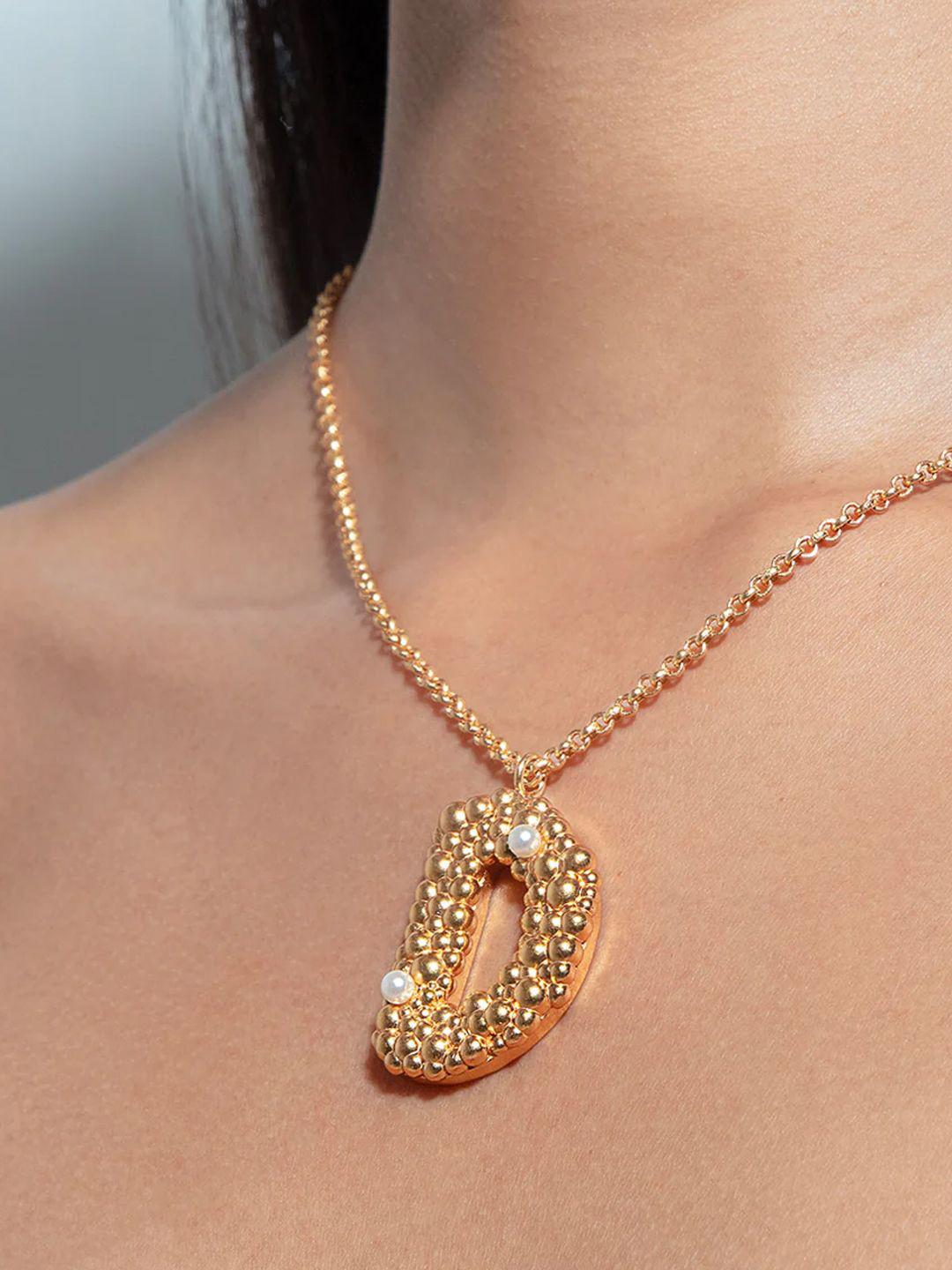 Ethnic Andaz Gold-Plated Beaded Letter D Pendant With Chain