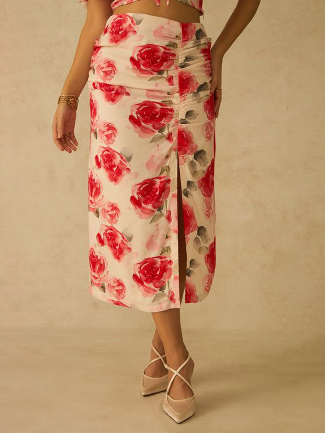Virgio Pure Viscose Floral Side-Slit With Ruching Skirt