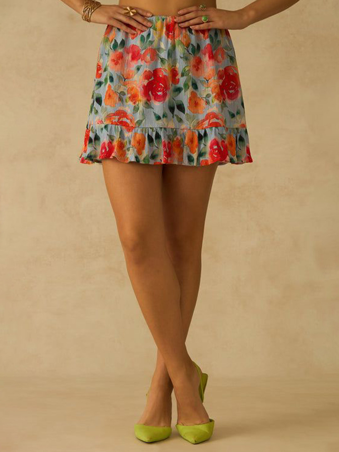 Virgio Pure Cotton Floral Ruffle-Hem Skirt