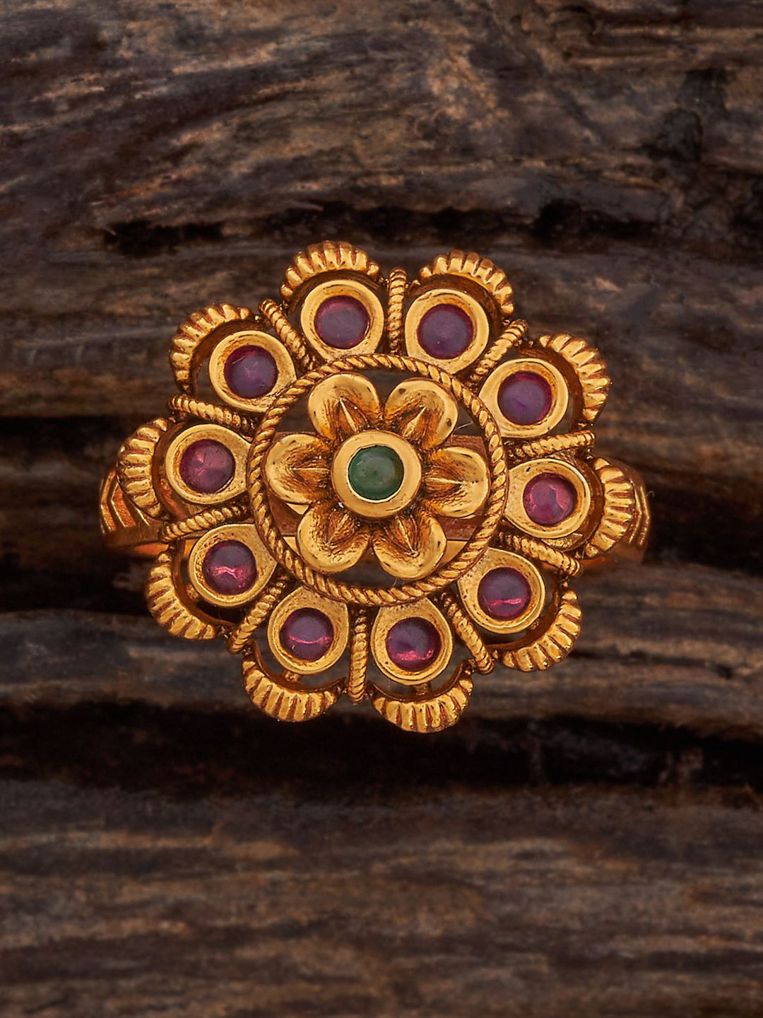 Kushal's Fashion Jewellery Ruby-Green Gold-Plated Antique Finger Ring