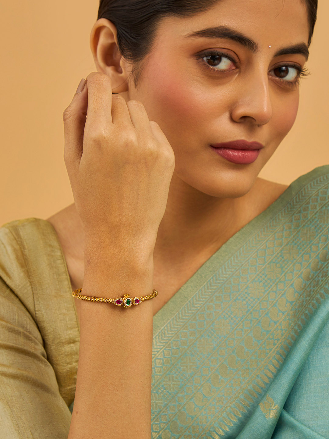 Kushal's Fashion Jewellery Red & Green Stone-Studded Antique Gold-Plated Kada Bracelet