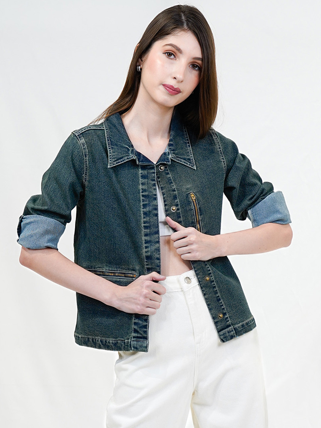 COSMIC TRIO Women Solid Lightweight Zip Detail Denim Jacket