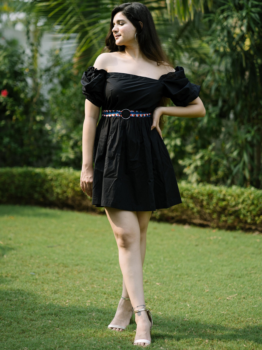 GARDEN PARTY Off-Shoulder Cotton Fit & Flare Dress With Belt