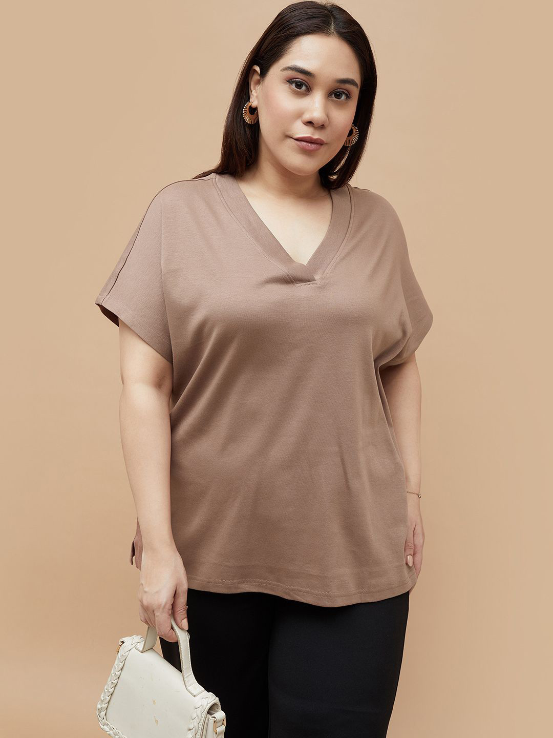 Nexus by Lifestyle Women Cotton Extended Sleeves Brown Plus Size Top
