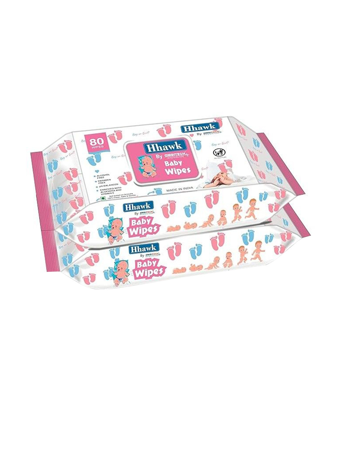 AMBITECH Set Of 2 Hhawk Baby Wipes Enriched With Aloevera & Vitamin E- 80 Wipes Each