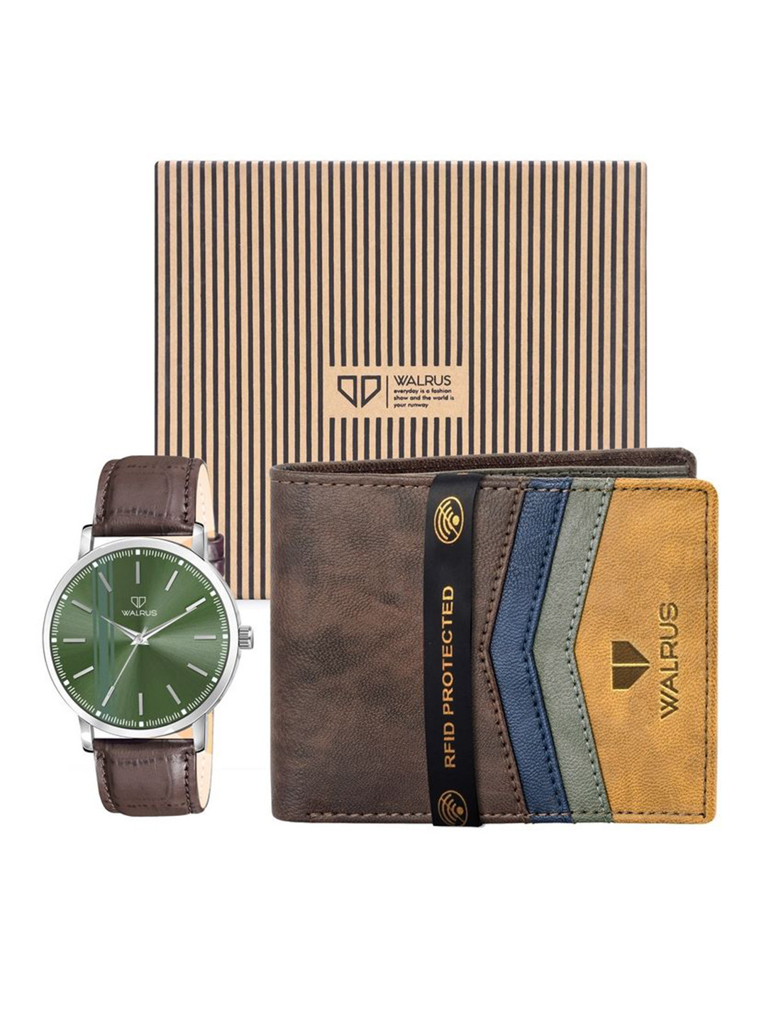 Walrus Men Accessory Gift Set of Analog Round Dial Watch and Wallet