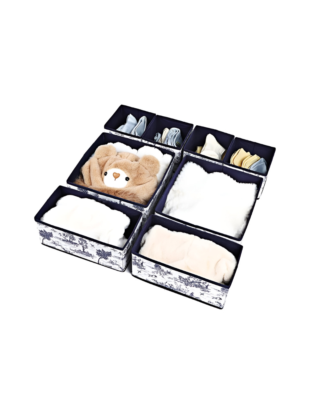 HOUSE OF QUIRK White 8 Pieces Floral Non-Woven Foldable Cloth Storage Box Organisers