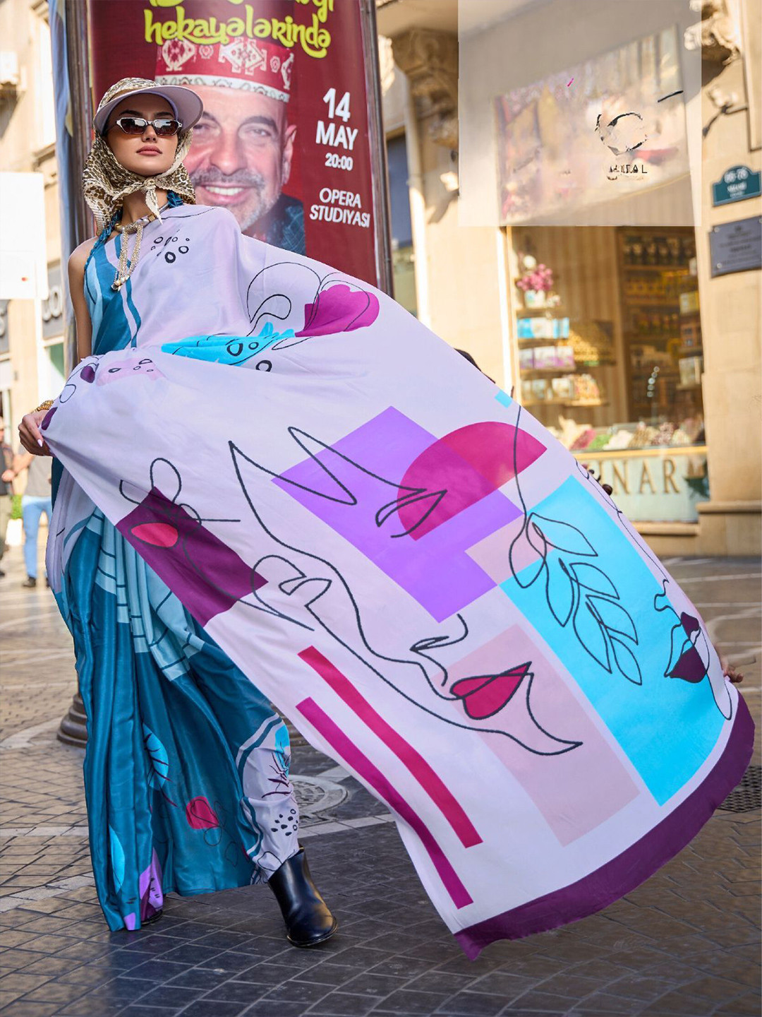 Odette Silk Blend Printed Saree With Unstitched Blouse For Women