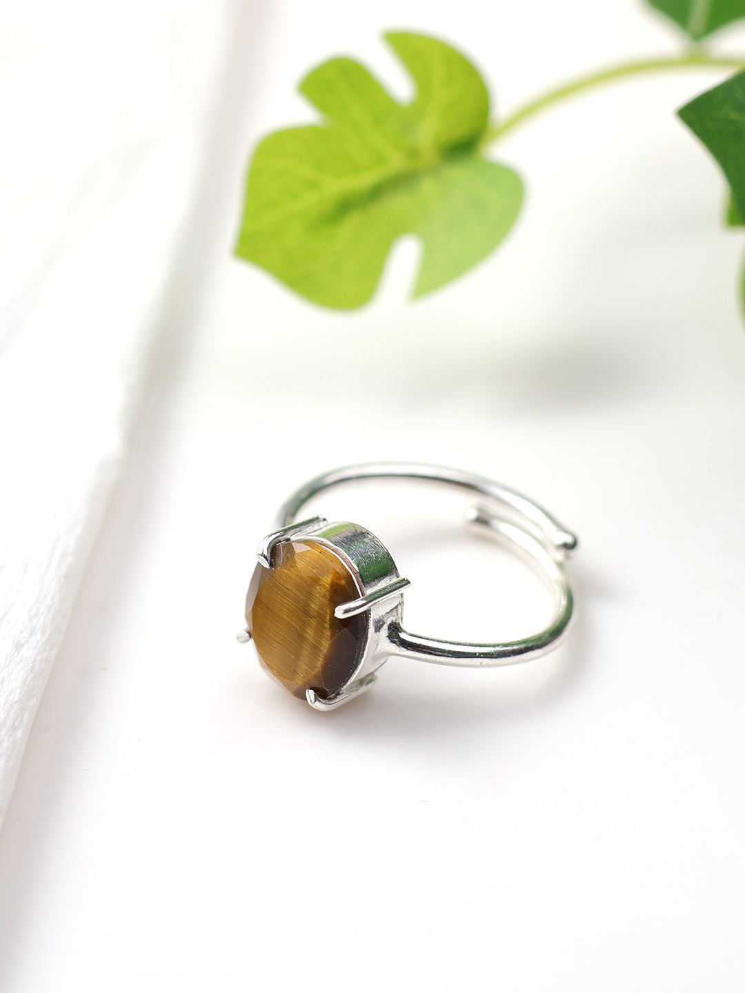 Shubhanjali Silver-Plated Tiger Eye Diamond-Studded Adjustable Finger Ring