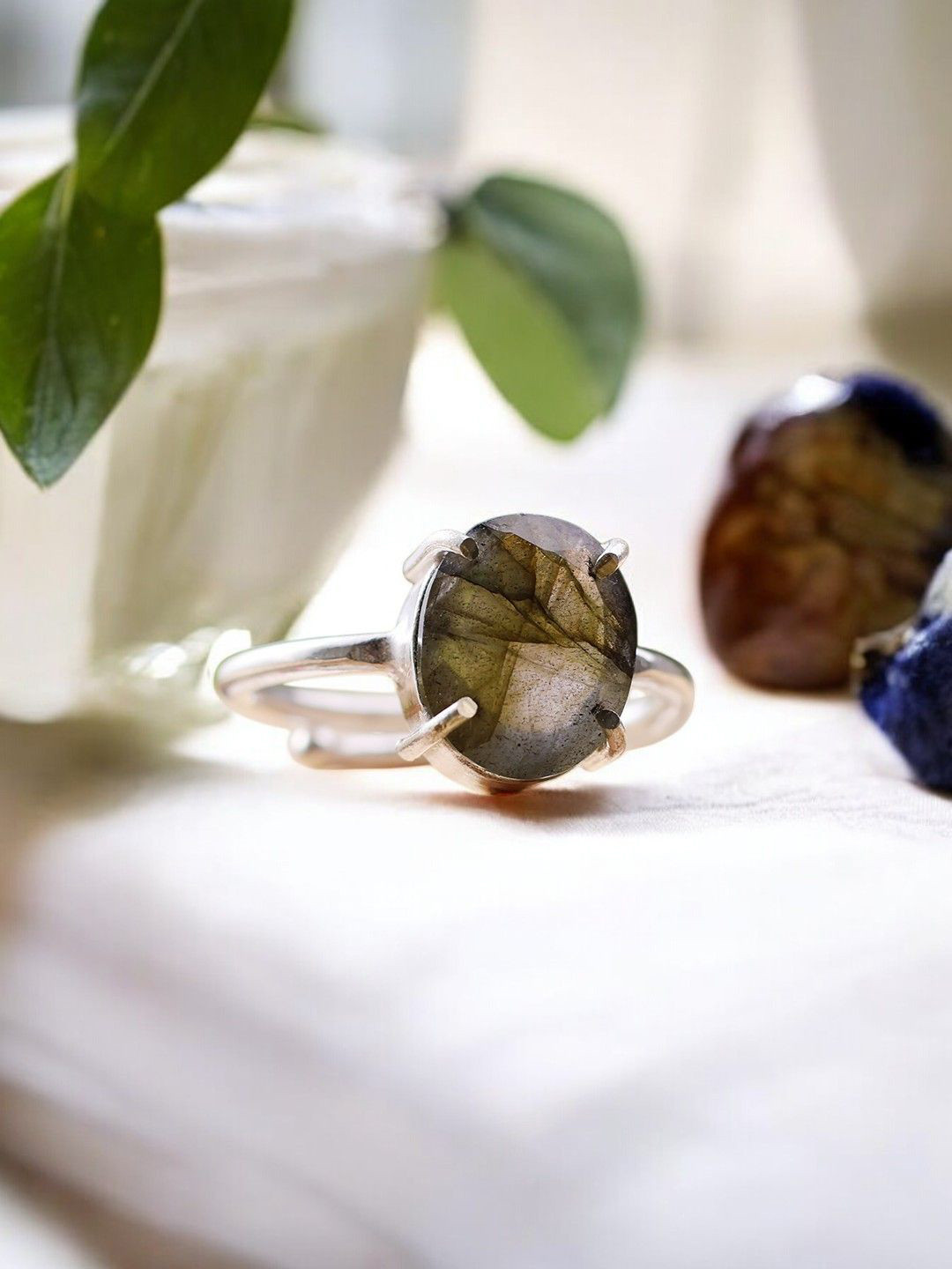 Shubhanjali Silver-Plated Crystal-Stones Studded Labradorite Diamond Cut Finger Ring