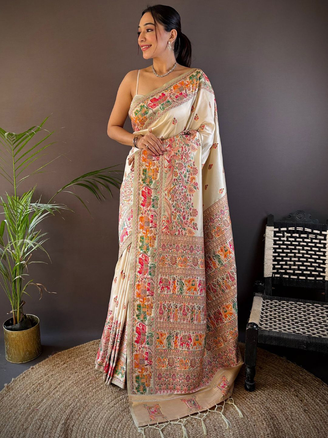 Mitera Ethnic Motifs Zari Pashmina Designer Saree