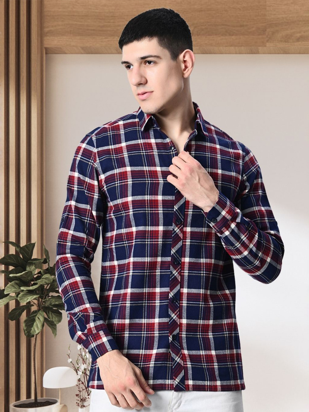 elioop Men Standard Fit Spread Collar Tartan Checked Cotton Casual Shirt