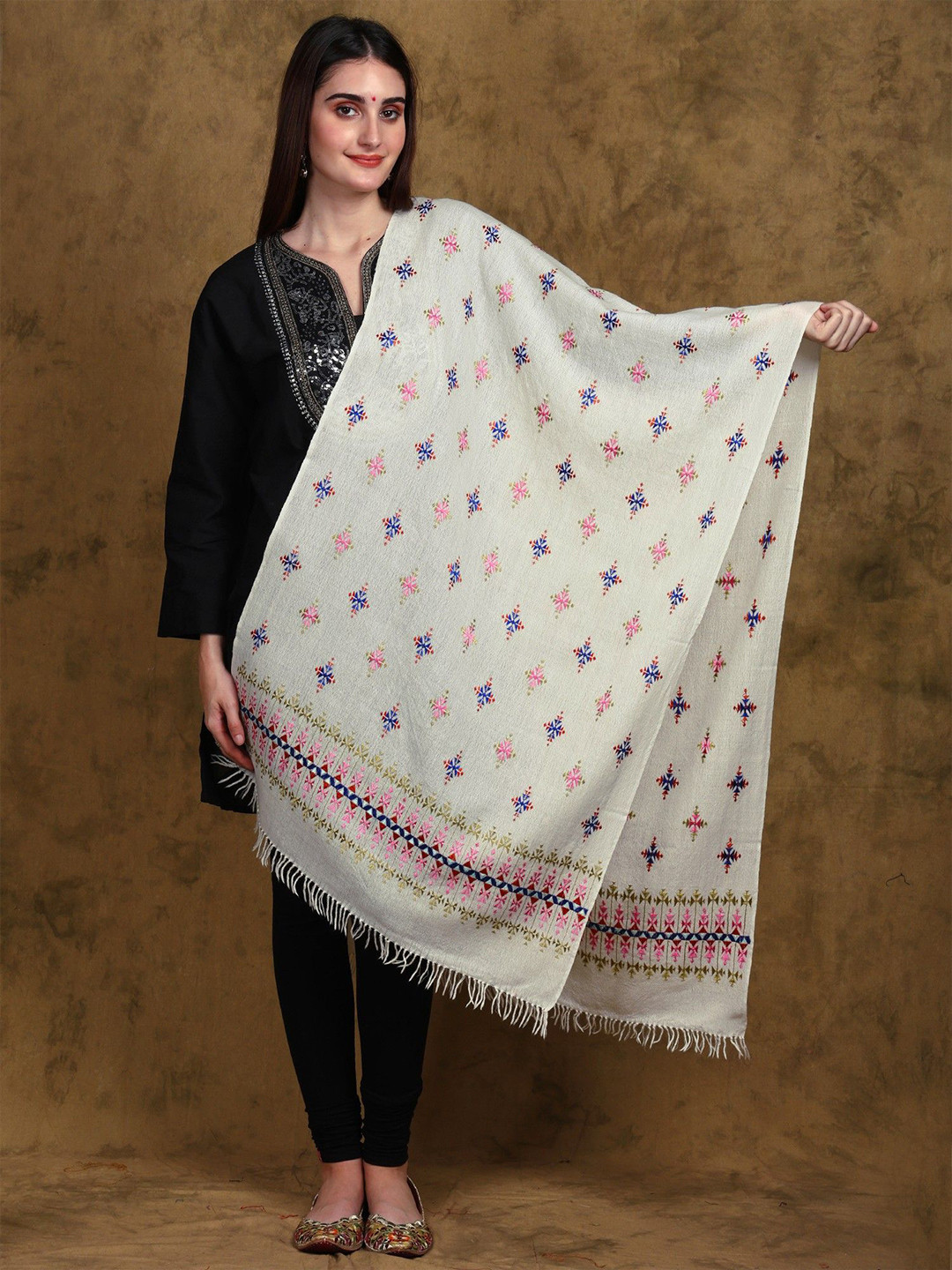 Exotic India Ivory Merino Wool Kutch Stole with All Over Multicolor Soof Embroidery