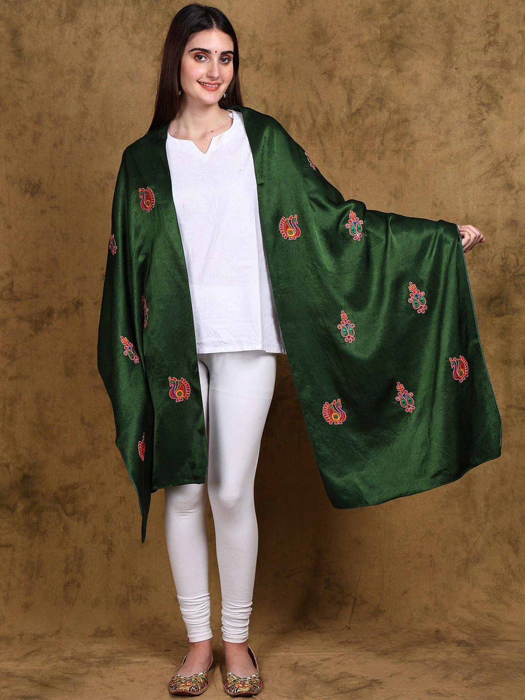 Exotic India Satin Stole with Embroidered Peacock Paisley Motif and Mirror work