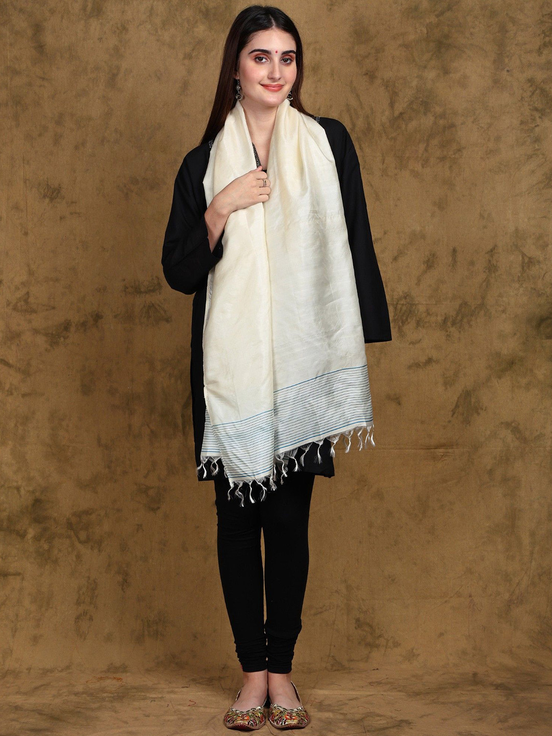 Exotic India Solitary Star Traditional Uttariya Stole with Stripe Border