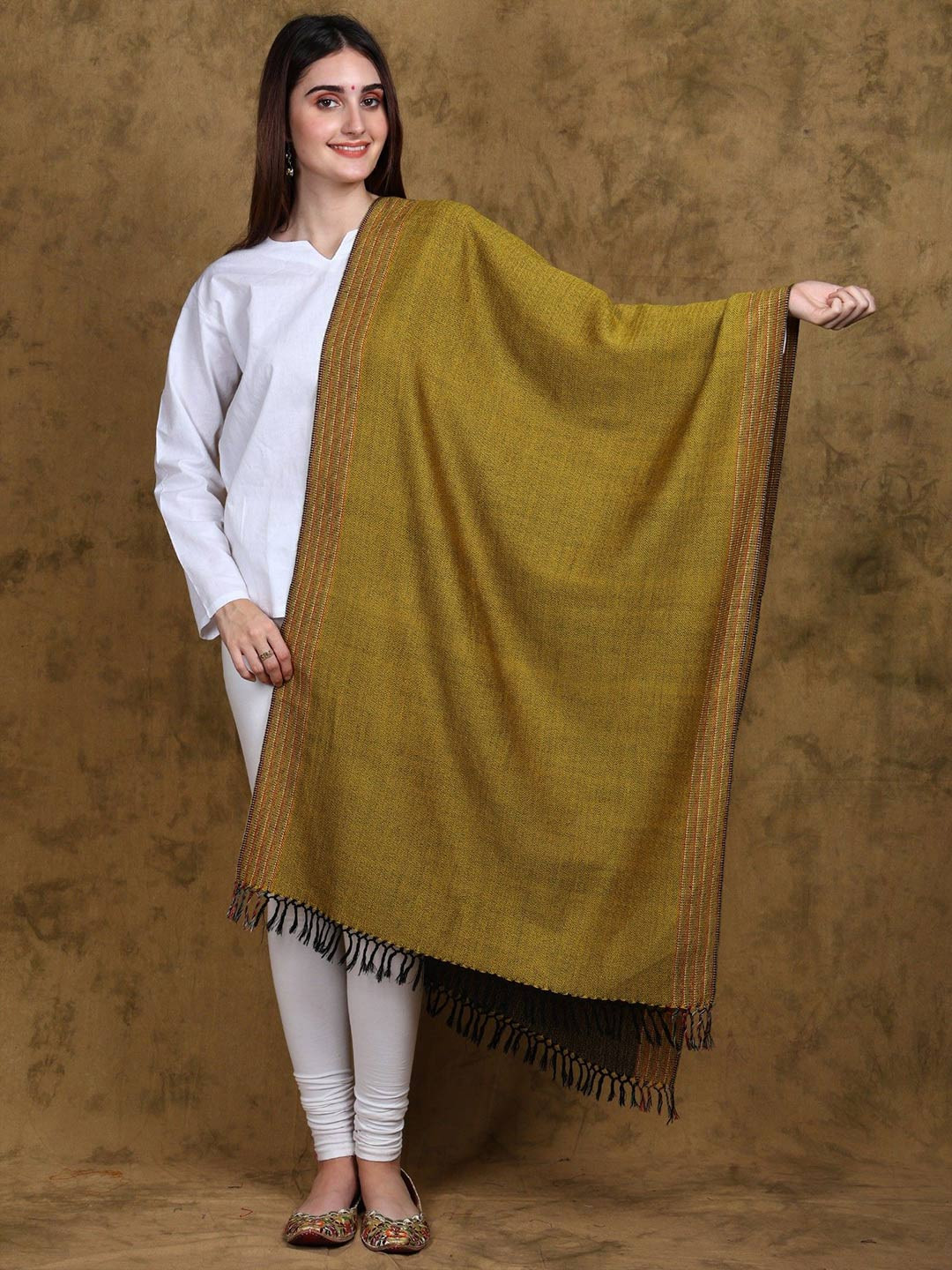 Exotic India Golden Green Wool Reversible Weave Pattern Handloom Stole