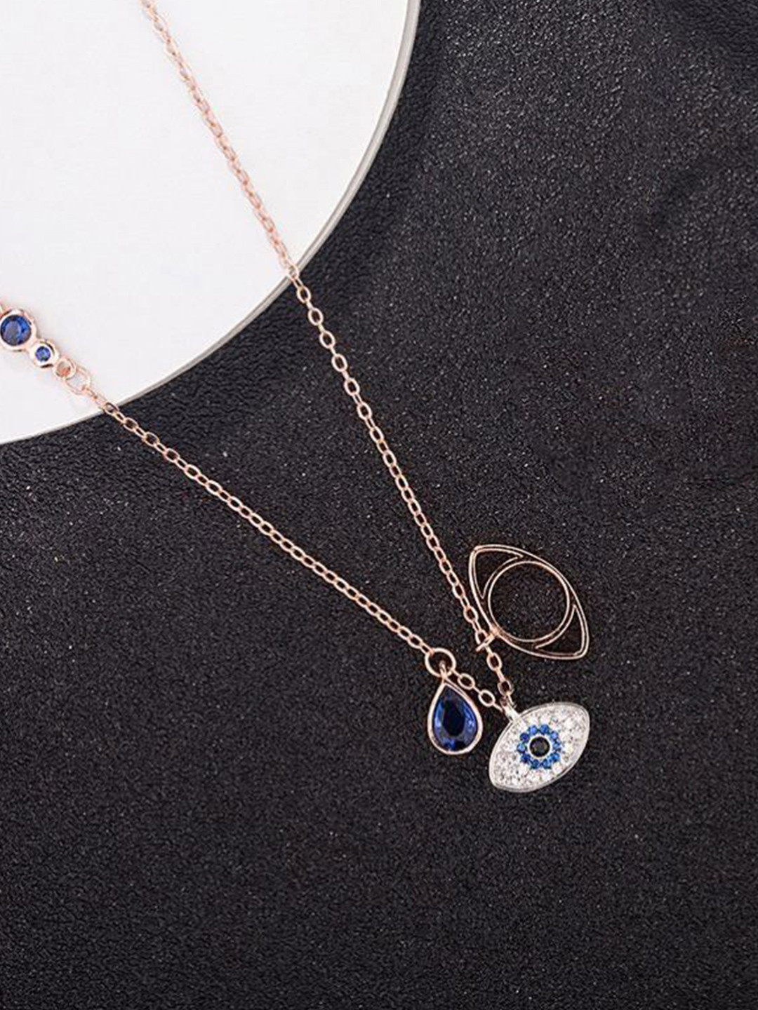 Royatto Rose Gold-Plated Cubic Zircon Studded Evil Eyes Pendant With Chain