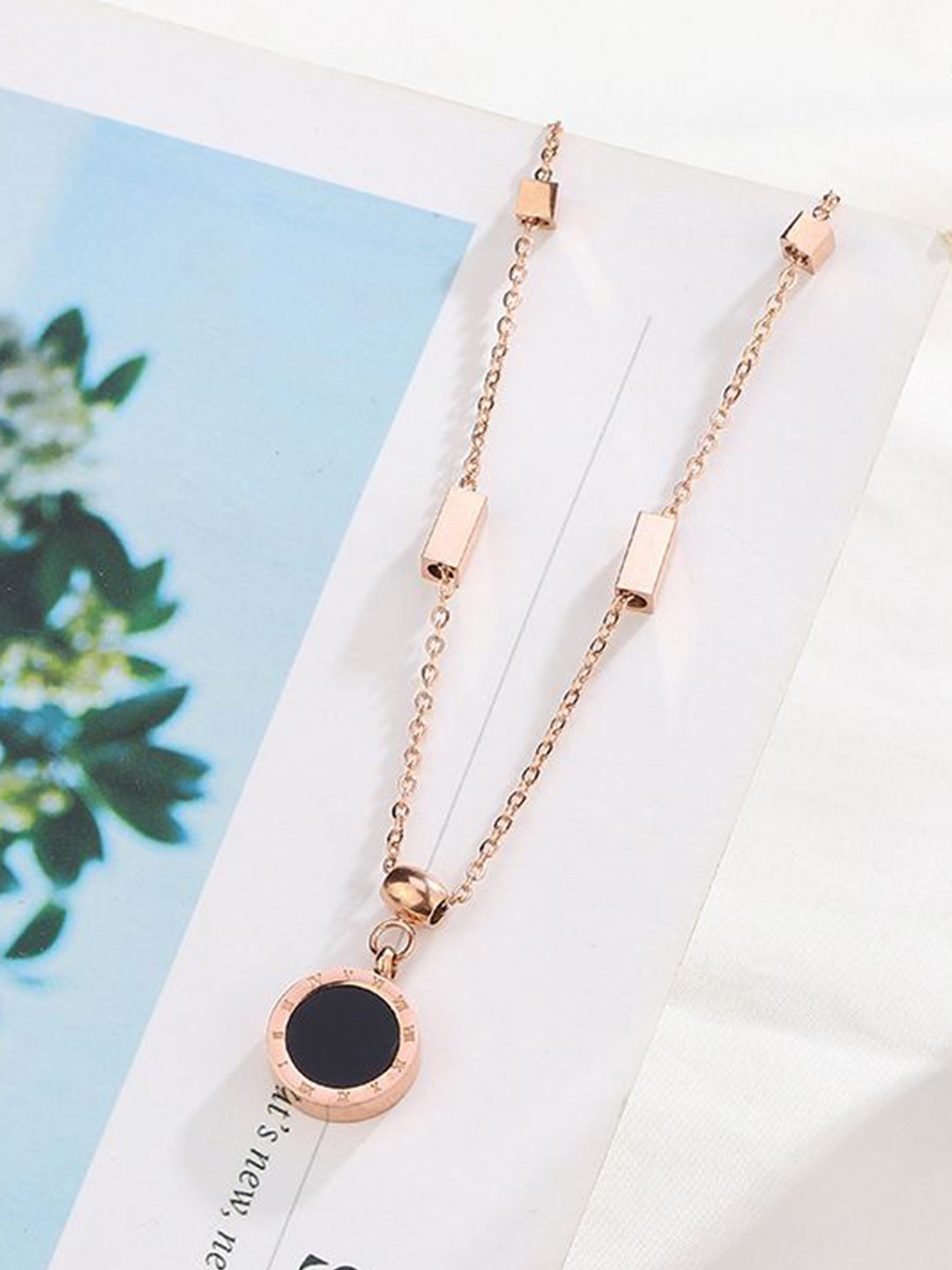 Royatto Rose Gold-Plated Classic Roman Numeral Two Side Wear Pendant With Chain