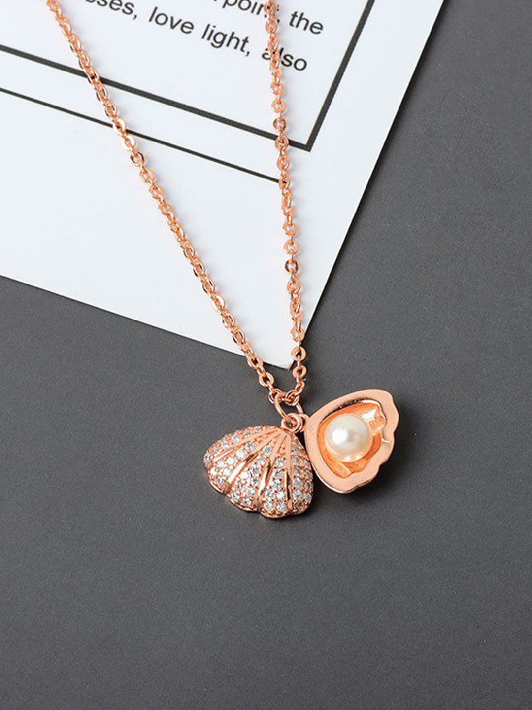 Royatto Rose Gold-Plated Trendy Cubic Zircon Studded Shell With Beaded Pendant Chain