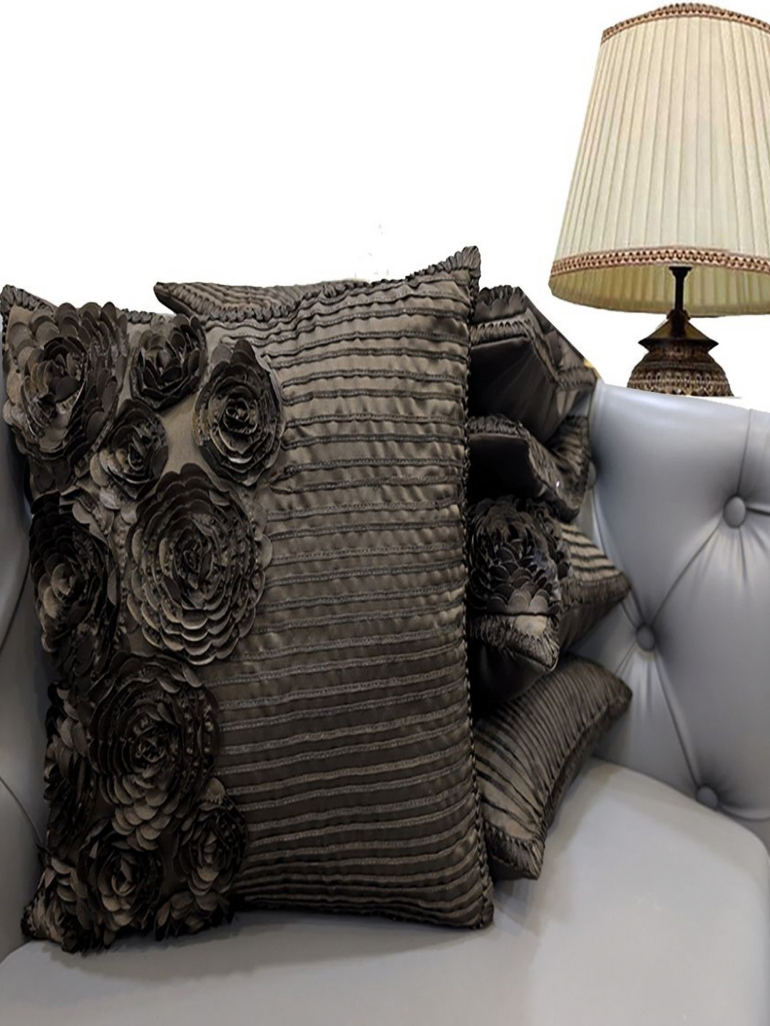 Good Vibes Self Design Satin Washable 5 Pcs Embellished Cushion Covers - 16 x 16 Inches