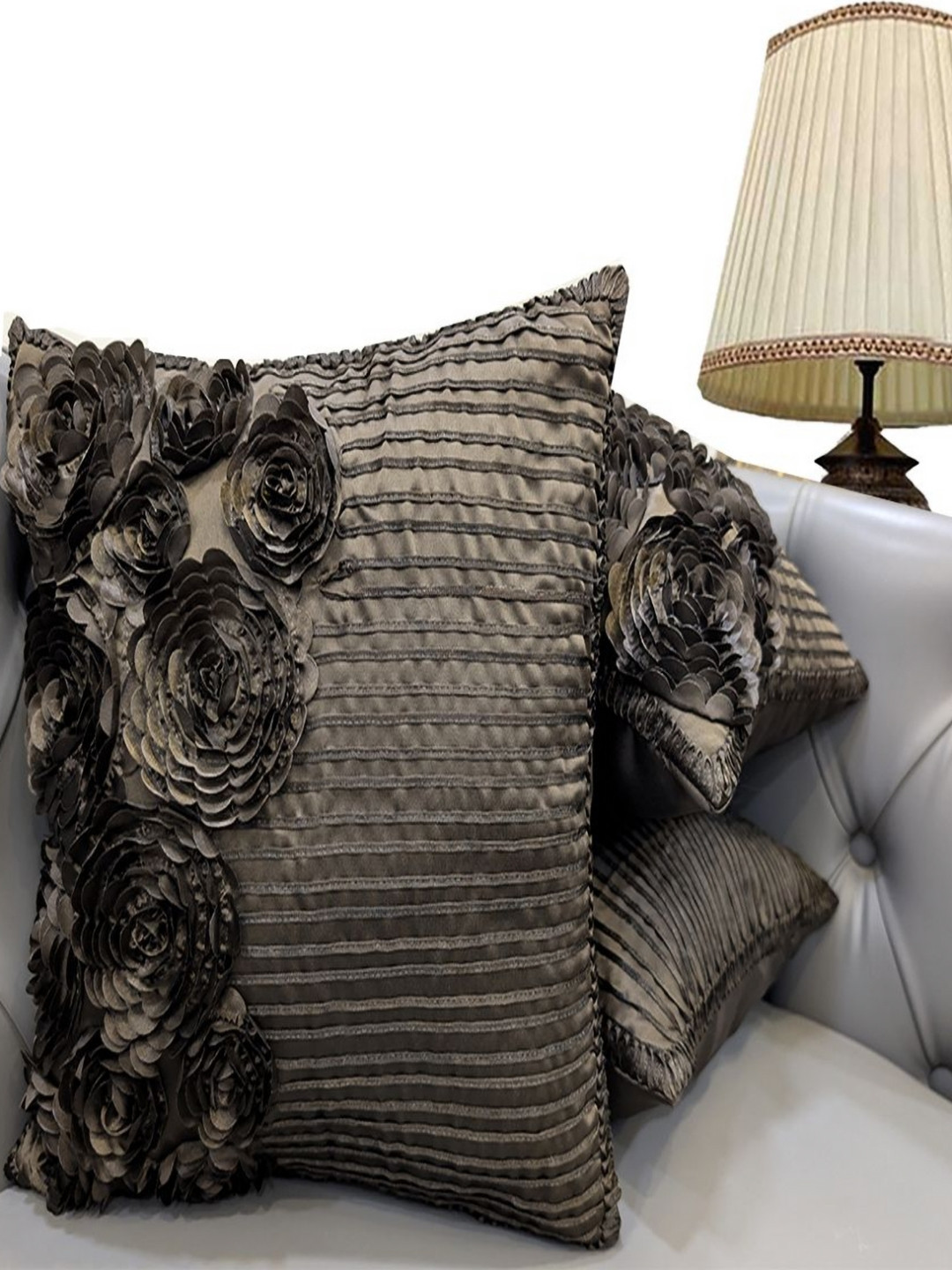 Good Vibes Self Design Satin Washable 3 Pcs Embellished Cushion Covers - 16 x 16 Inches