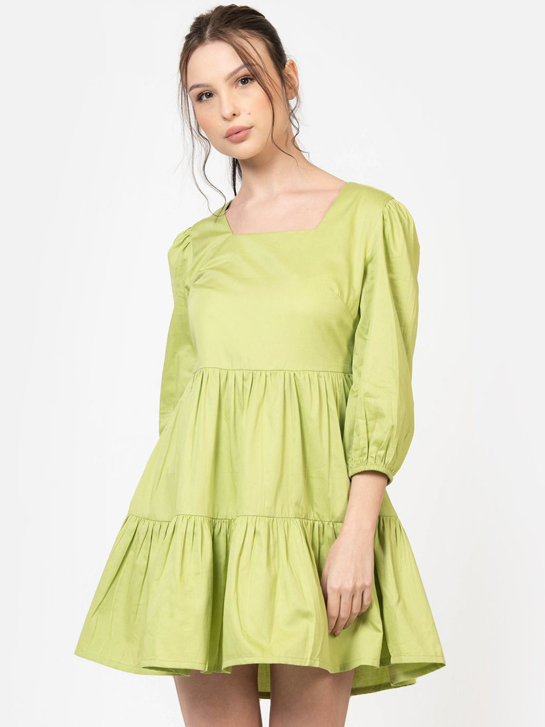 June 9 Clothing Women Square Neck Tiered Cotton Fit & Flare Dress