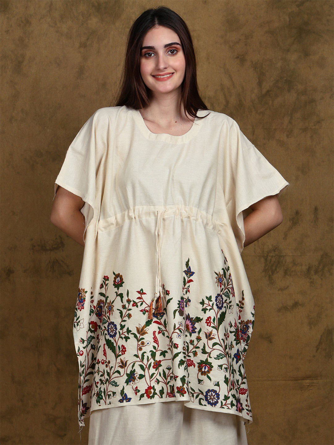 Exotic India Whisper White Cotton Floral Printed Short Kaftan Top with Dori at the Waist