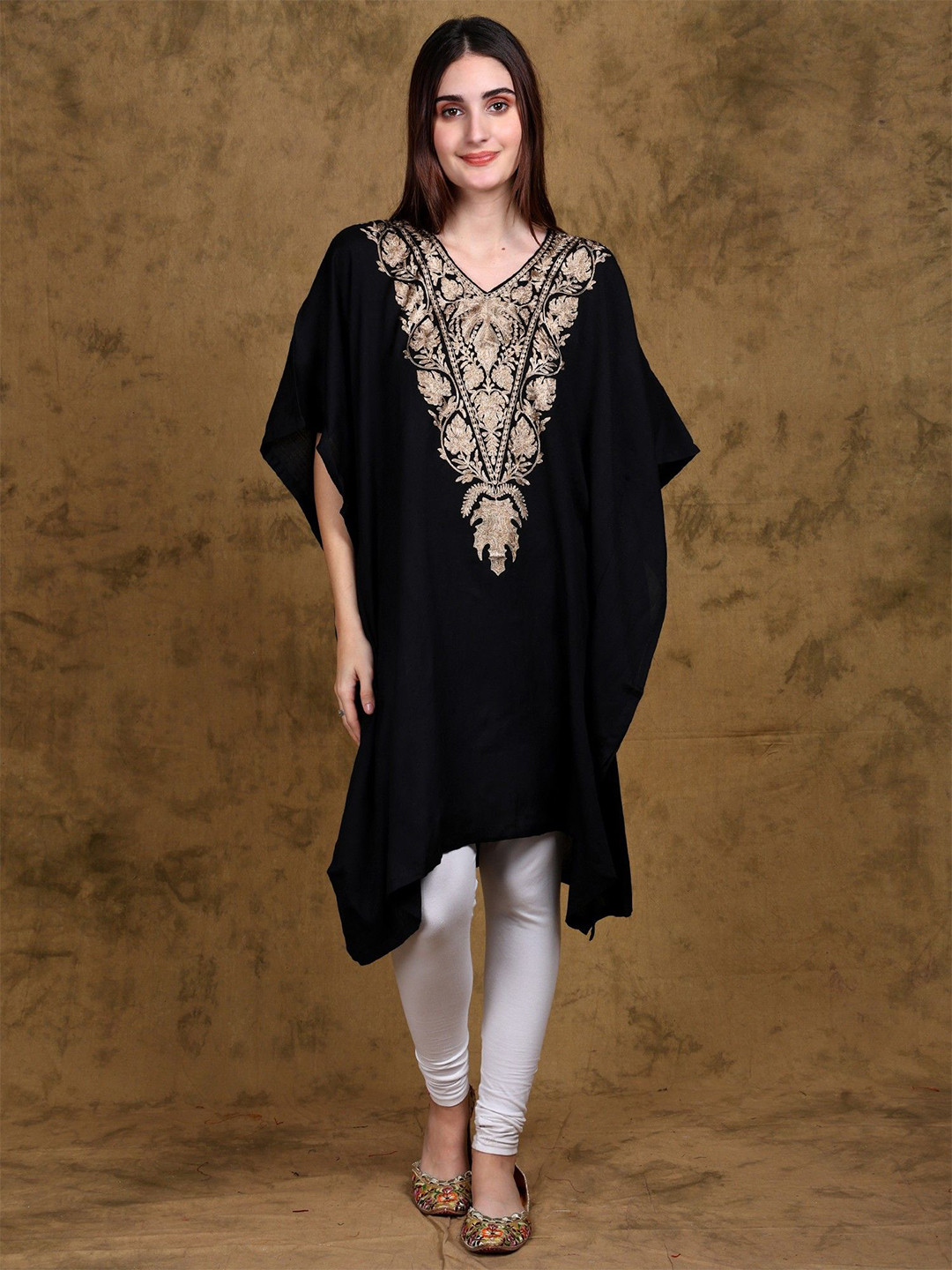 Exotic India Black-Beauty Pure Wool Kashmiri Short Kaftan with Tilla Embroidery