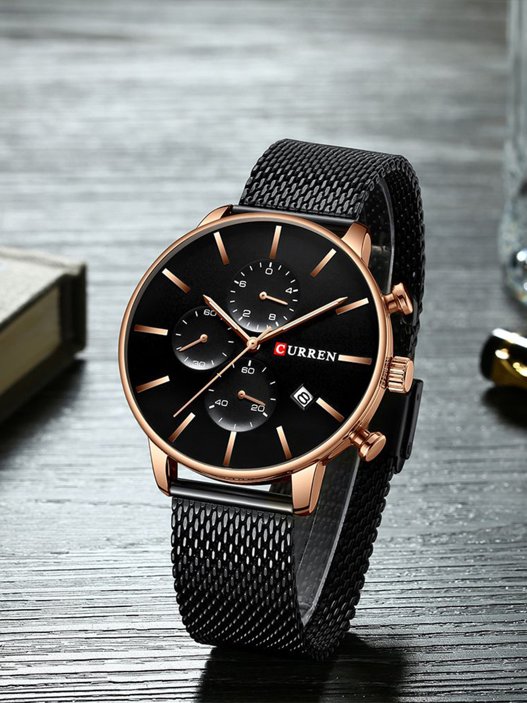 Curren Men Brass Dial & Stainless Steel Wrap Around Straps Analogue Watch CR-8339-Black