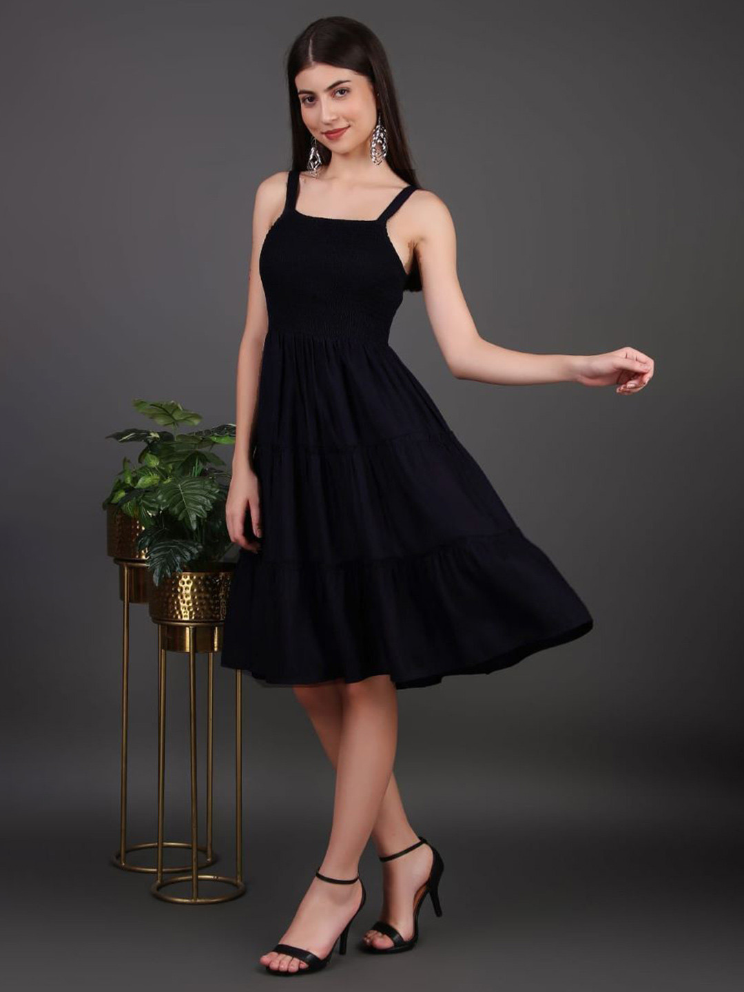 NG FASHION Women Blue Shoulder Straps Tiered Fit & Flare Dress