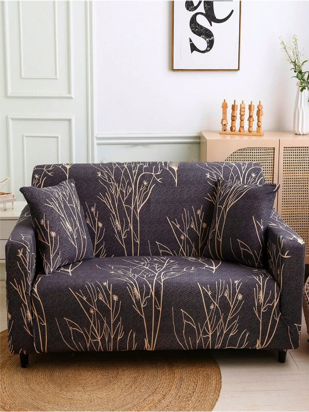 HOUSE OF QUIRK Grey Printed Double Seater Sofa Cover With Arms