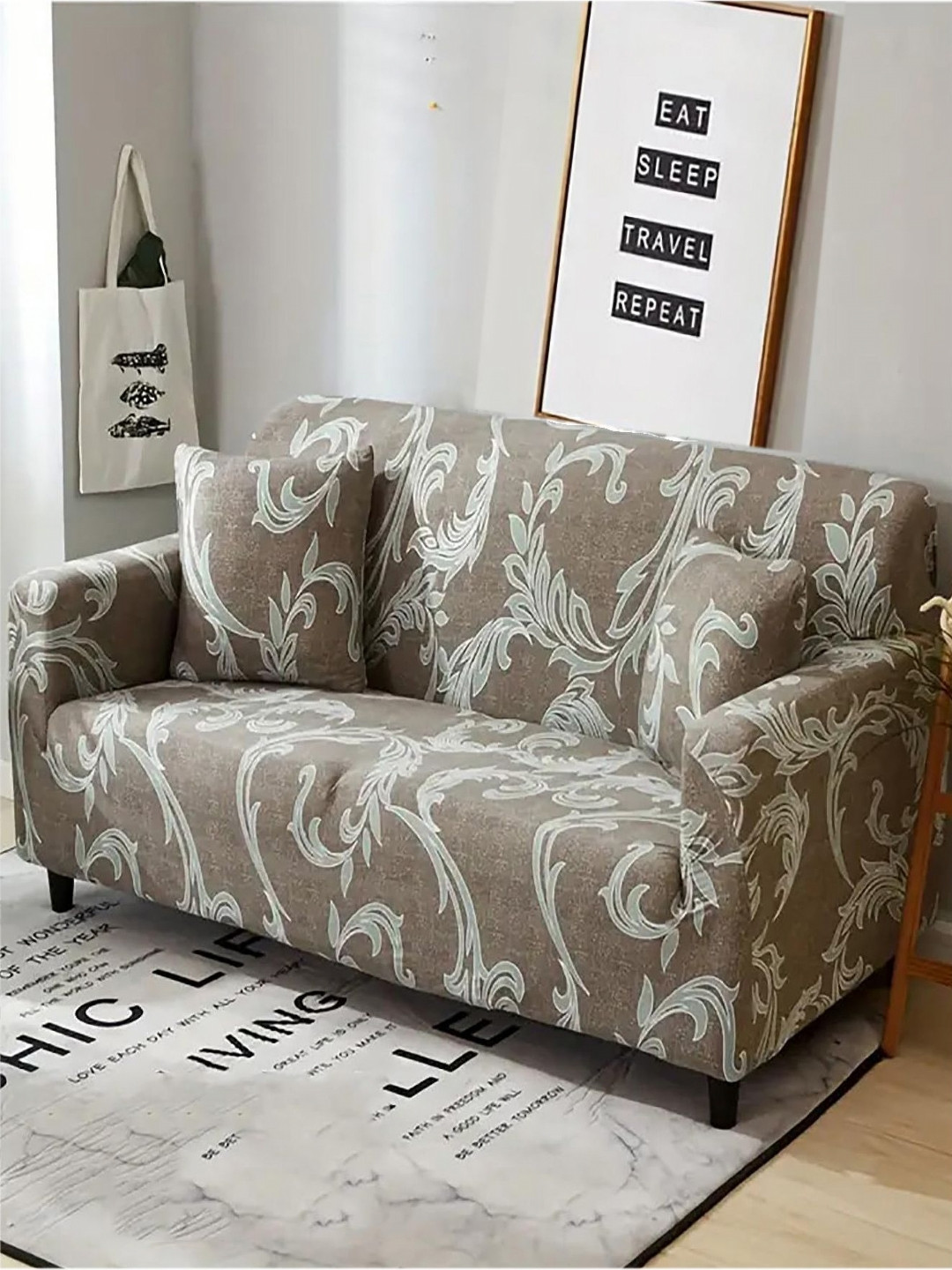 HOUSE OF QUIRK Brown & White Floral Printed Two Seater Sofa Cover With Arms