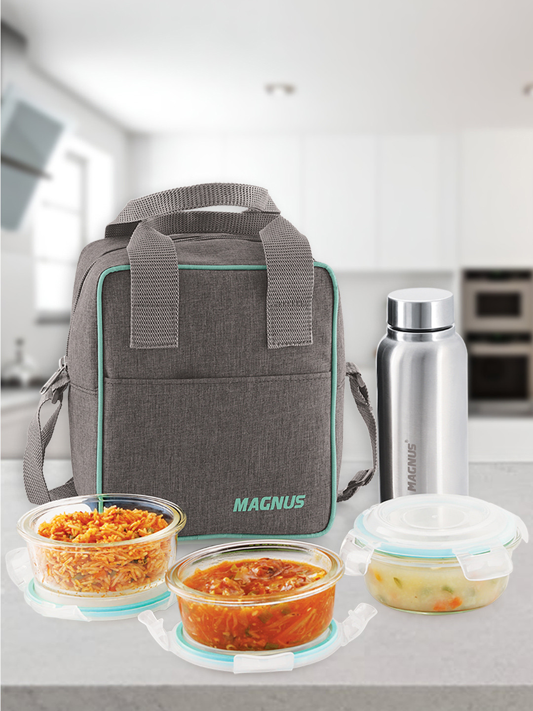 MAGNUS Vivid Glass Dishwasher and Microwave Safe 5PCs Lunch Box With Spoon and Fork
