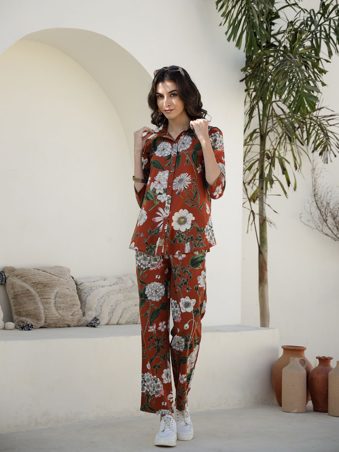 SANSKRUTIHOMES Women Printed Pure Cotton Brown Co-Ords