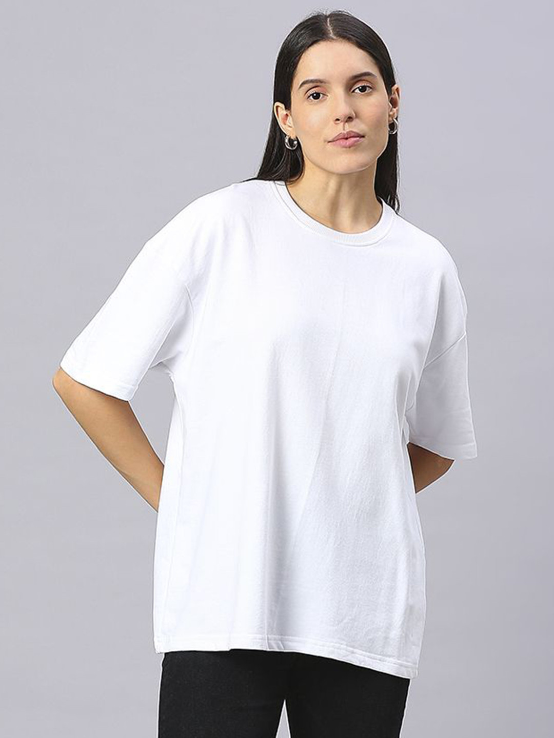 HOUSE OF RS Sustainable Women Solid Round Neck Oversized T-shirt