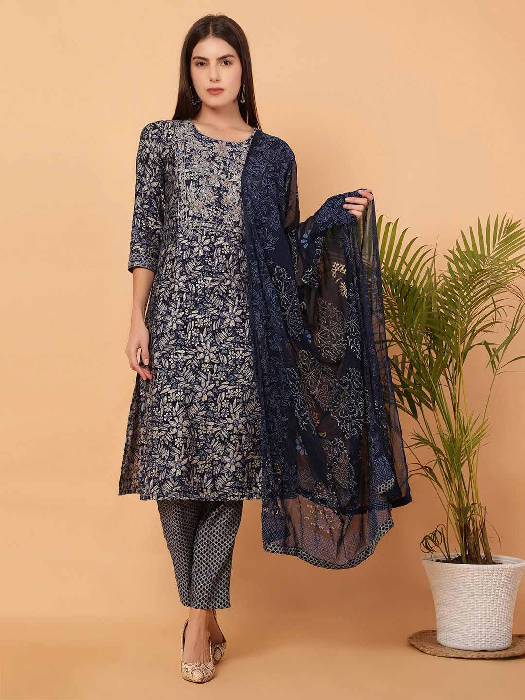 AKSHA Women Floral Embroidered Regular Pure Cotton Kurta with Trousers & With Dupatta