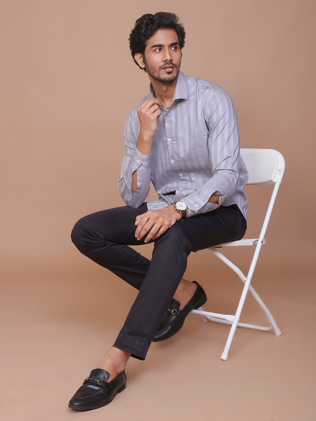 RAVINIK Men India Slim Fit Spread Collar Vertical Striped Elastane Casual Shirt