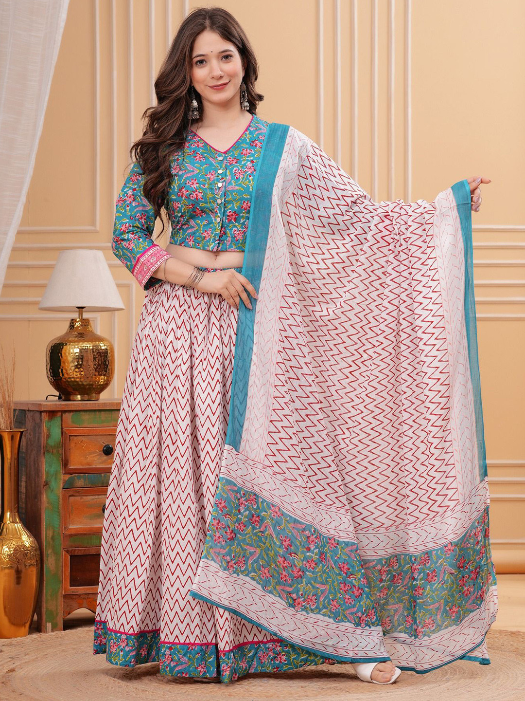 PARTHVI Printed Block Print Ready to Wear Lehenga & Blouse With Dupatta