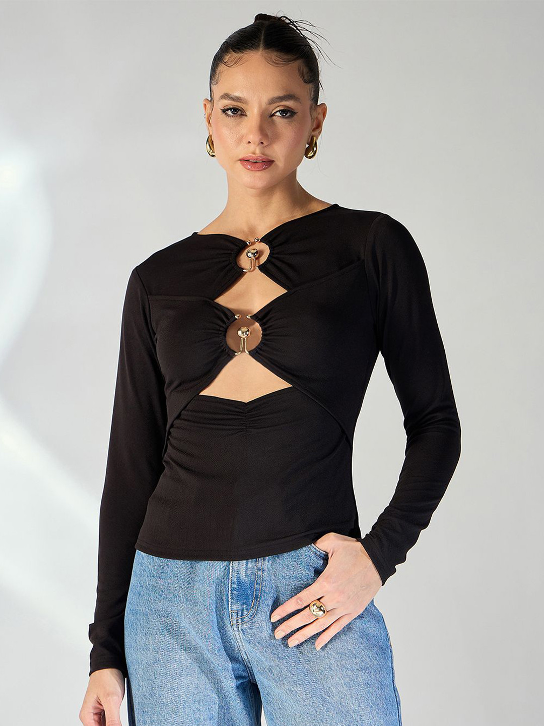 Uptownie Black and Golden Toned Cut-Out Top