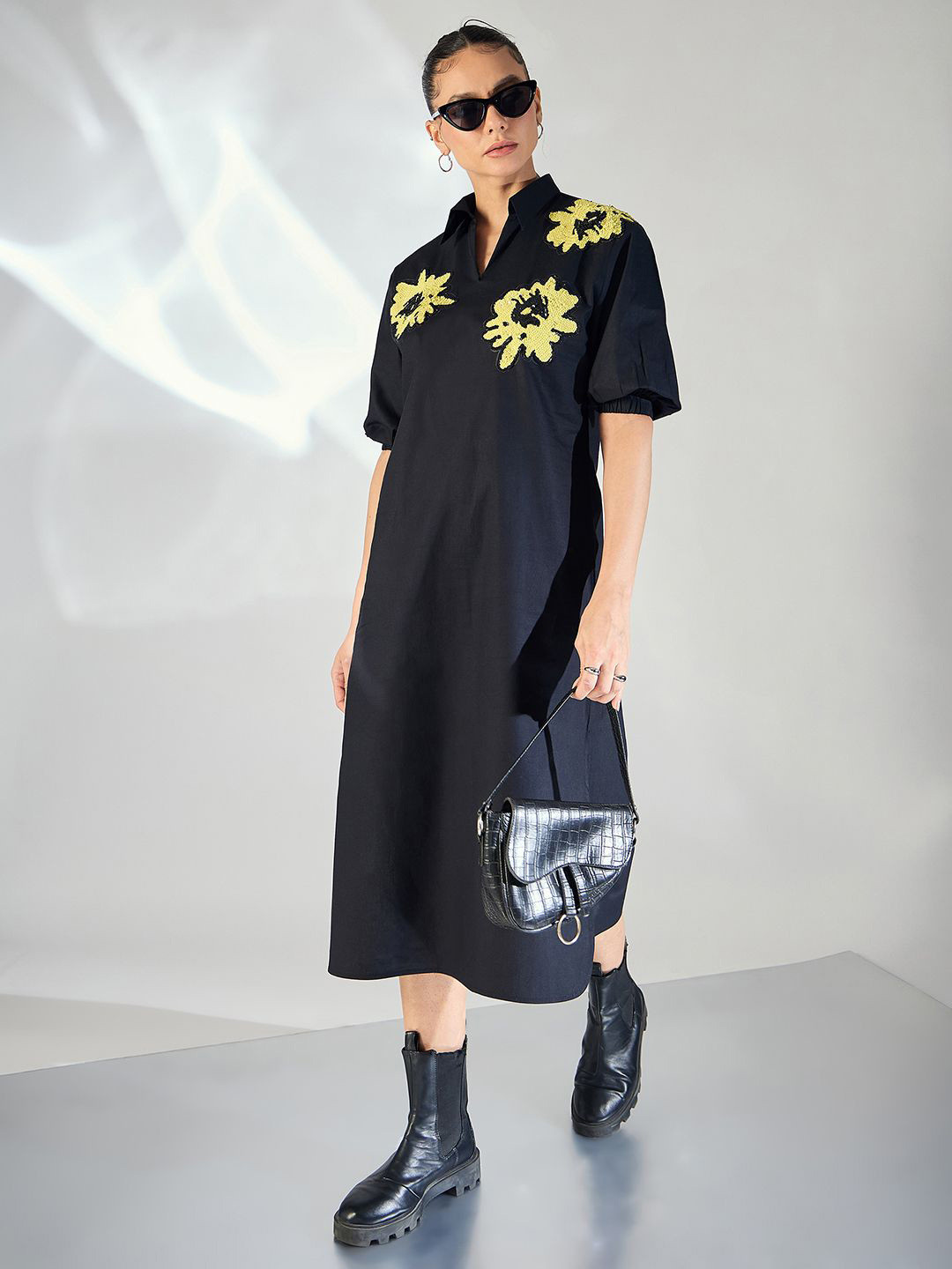 Uptownie Cotton Sequinned Midi Dress (Black, XS)